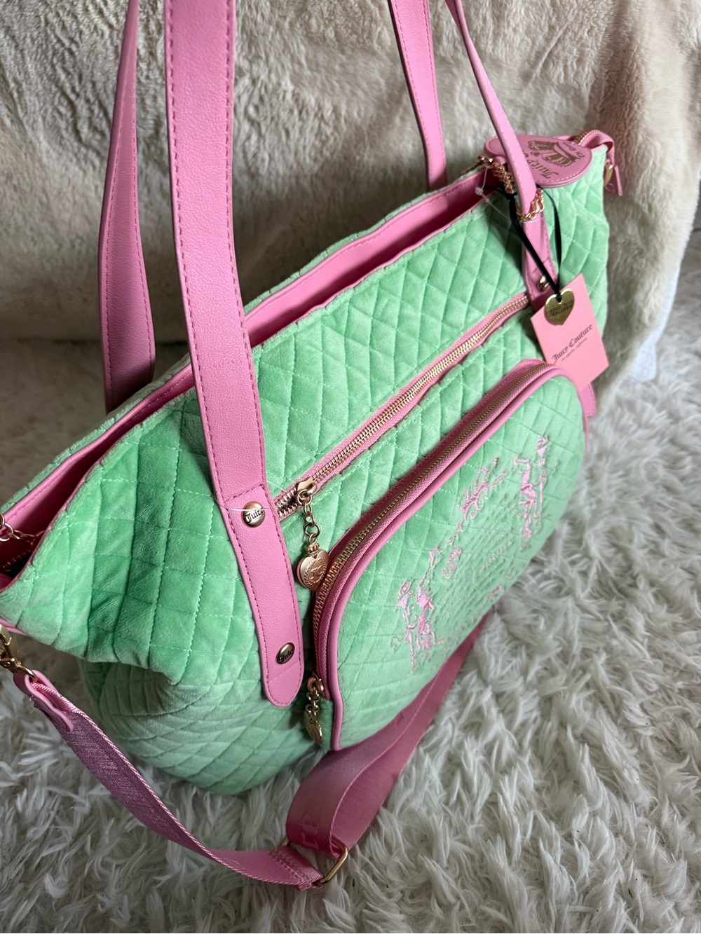 Juicy Couture Mint Green Quilted Shoulder Bag with Pink Trim